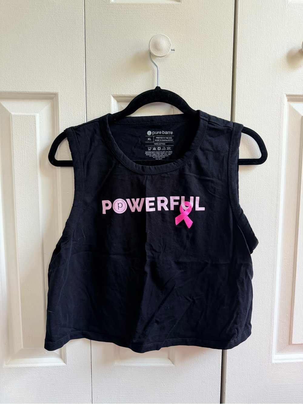 Pure Barre Black Crop Tank with Pink "POWERFUL" Ribbon